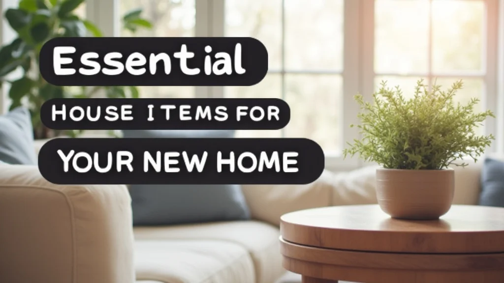The image shows a stylish living room vignette with essential house items for a new home.
