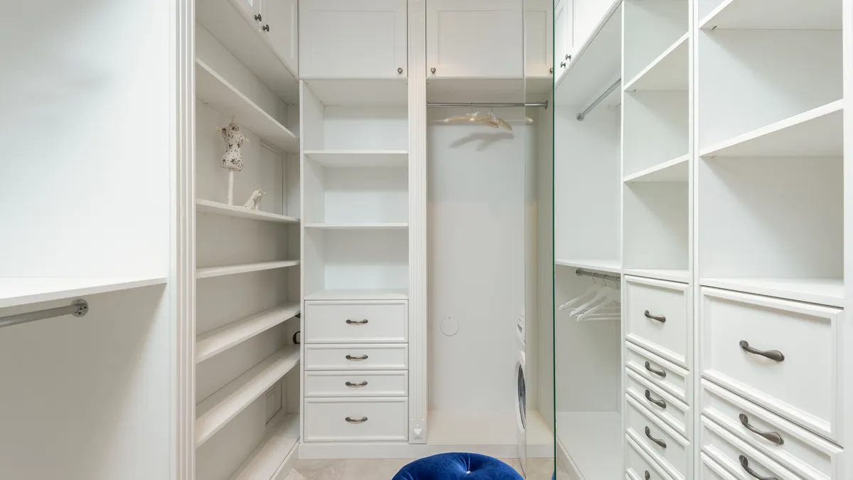 White custom closet with shelves, drawers, and hanging space